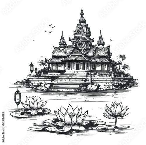 Hand Drawn Engraving of a Serene Temple Surrounded by Water Lilies