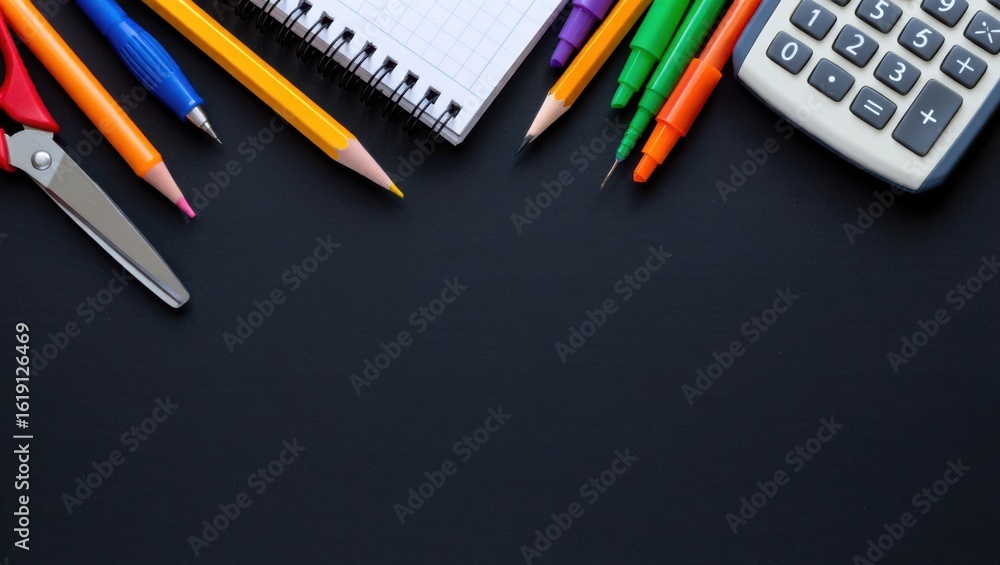 Fototapeta premium Assorted colorful school supplies arranged on a dark background stationery education