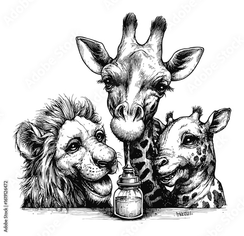 Hand-Drawn Engraving of Animals Adoring Baby Bottle Feeding