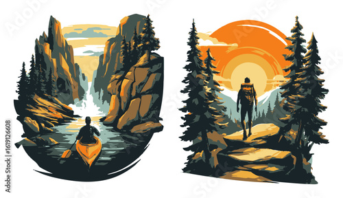 Adventure Seeker in Nature with City Skyline at Sunset in Bold Colors