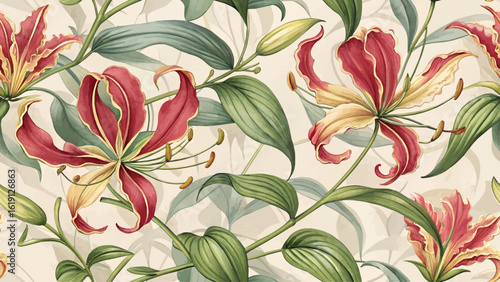 Seamless floral pattern of high resolution gloriosa flowers, designed for fabric printing.