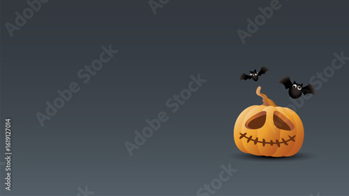 Minimalist Halloween night gray background with 3D pumpkin Jack-O'-Lantern and bats graphic illustration have blank space.