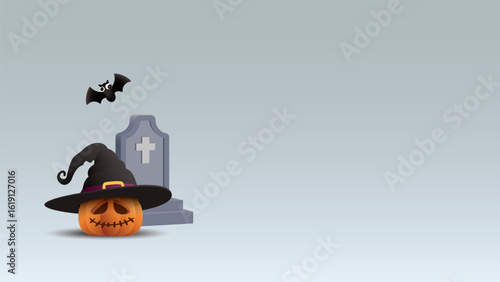 Minimalist, Halloween light gray background with 3D pumpkin Jack-O'-Lantern, bat and gravestone graphic illustration have blank space.
