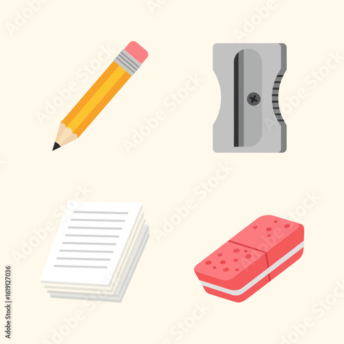 Essential stationery set featuring a pencil, sharpener, eraser, and paper, perfect for school, office, or creative projects, ideal for design.