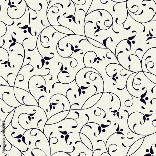 Seamless pattern featuring stylized floral motifs and swirling vines on a light background design element