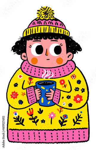 Cozy Indoor Illustration of a Young Girl with Hot Drink in Cute Sweater