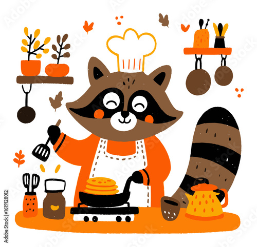 Cute Cartoon Raccoon Chef in Kitchen Preparing Pancakes with Utensils