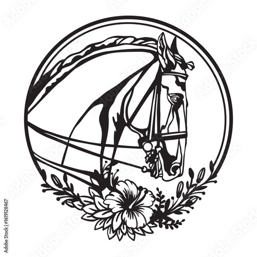Spanish horse head in bridle with flowers black and white vector