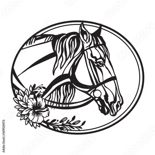 Profile of horse in bridle with flowers monochrome vector
