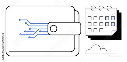 Digital wallet with blue circuits, a calendar featuring multiple days, and minimal cloud accents. Ideal for finance, technology, scheduling, planning, security, time management and innovation
