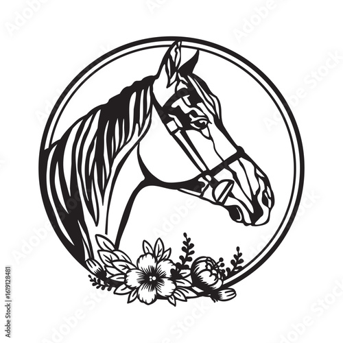 Head of horse in bridle in profile with flowers monochrome vector