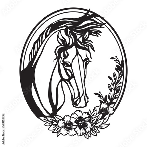 Horse with long mane and flowers black and white vector
