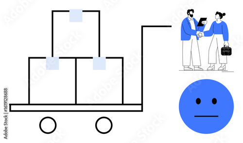 Handcart carrying boxes symbolizing logistics, two professionals shaking hands for collaboration, and a neutral emoticon. Ideal for supply chain, teamwork, trade, business strategy, negotiation