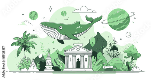 Green Whale Floating Over Tropical Landscape with Planets and Ancient Structures