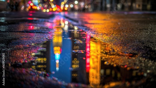 Fototapeta Naklejka Na Ścianę i Meble -  Night city reflection in puddle