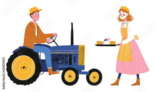 Charming Vector Illustration of Farmers with Tractor and Fresh Pancakes