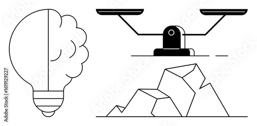 Light bulb representing ideas, balance scale symbolizing comparison, and a pile of rocks reflecting resources or raw materials. Ideal for creativity, innovation, decision-making, resource allocation