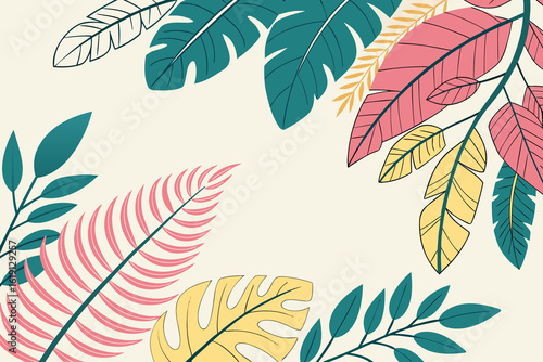 Illustration of tropical leaves background with hand drawn style and pastel color