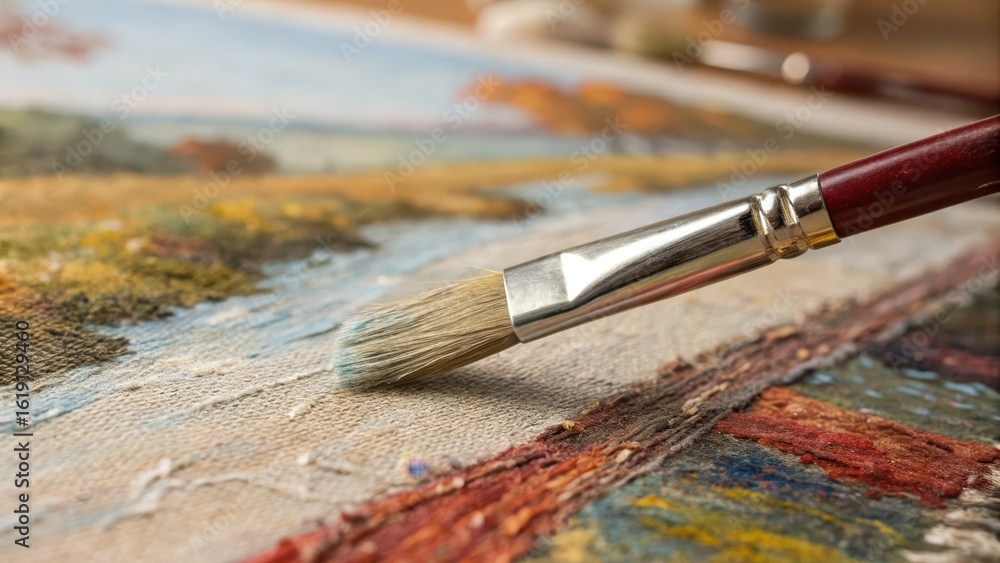 Fototapeta premium Close-up of Paintbrush on Canvas with Beautiful Landscape Scene