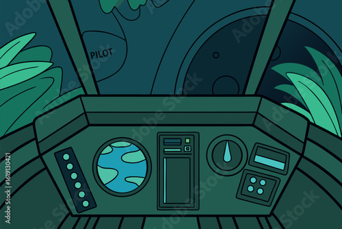 Cartoon spaceship cockpit with planet view and controls