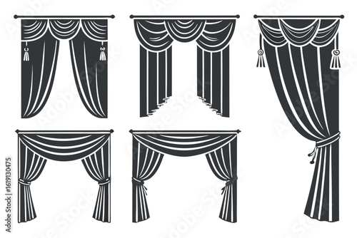 Five styles of dark grey draped curtains with tassels