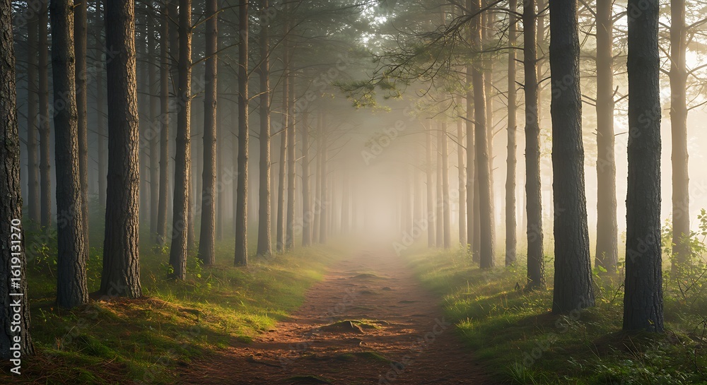 Fototapeta premium A solitary dirt path winds through a misty evergreen forest with morning sunlight creating an ethereal atmosphere.