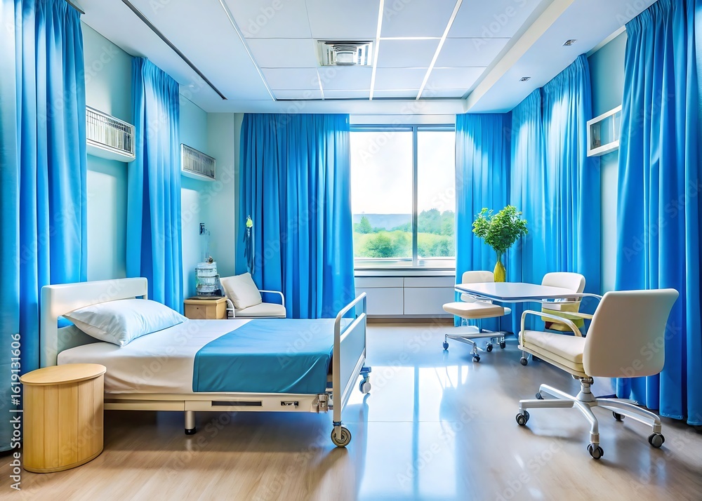 Fototapeta premium Modern hospital room with blue curtains and medical equipment