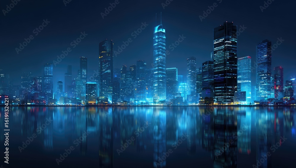 Fototapeta premium City skyline at night, vibrant blues