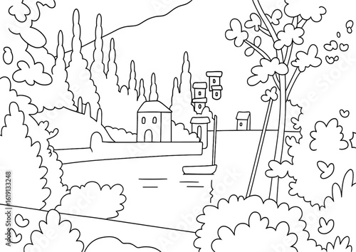 Lake landscape coloring page for kids and adults easy printable design