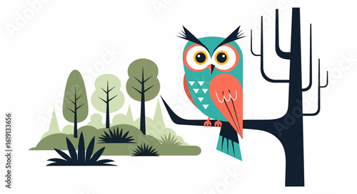 Charming Owl Illustration in a Minimalist Desert Landscape