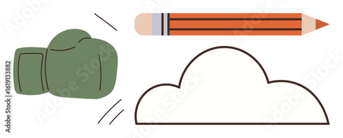 Boxing glove colliding with a pencil above a simple cloud silhouette. Ideal for creativity, brainstorming, problem-solving, conflict resolution, teamwork, innovation, strategy. Simple flat metaphor