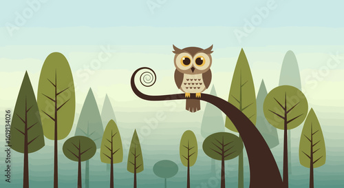 A stylized brown owl with large eyes perched on a whimsical swirling branch in a tranquil forest