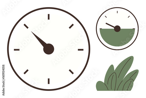 Large clock with minimal design, brown needle at specific time, secondary circular half-filled gauge, green leaves below. Ideal for time management, productivity, sustainability, nature, ecology