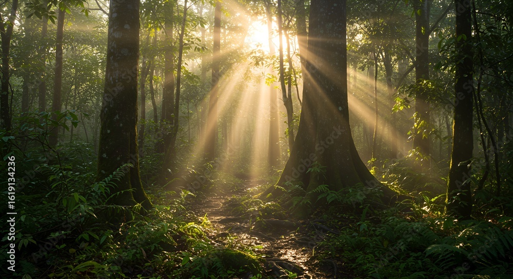 Fototapeta premium Sunbeams Illuminate Misty Forest Path