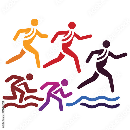 Colorful abstract figures participating in an outdoor triathlon event with water