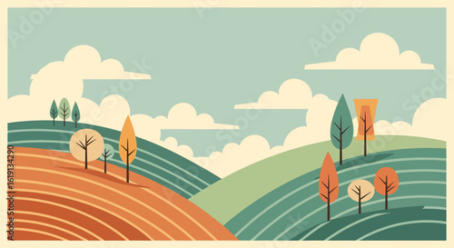 Tranquil Autumn Landscape with Rolling Hills and Scattered Trees in a Muted Color Palette