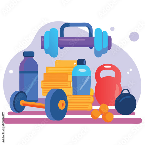 Vibrant Graphic Illustrating a Fitness Regimen with Weights and Water Bottles
