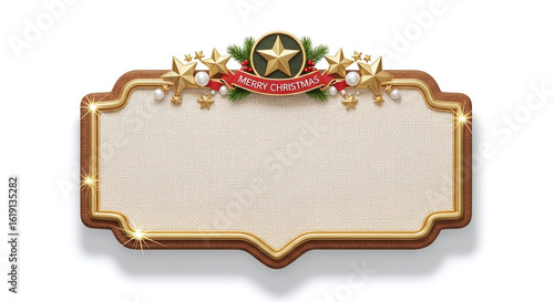 Beautiful Christmas frame with gold stars and Merry Christmas banner for the holidays.
