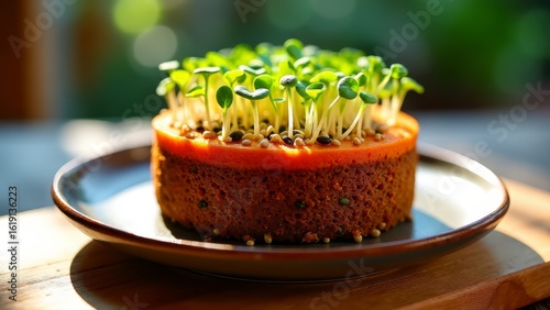 Earth carrot cake with sprouted seeds and microgreens