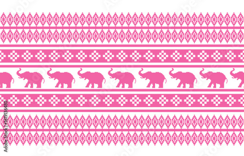 Elephant pattern. Seamless. White stripes, blue background. Ethnicity. Floral patterns, printed fabrics, pants, Lanna.	