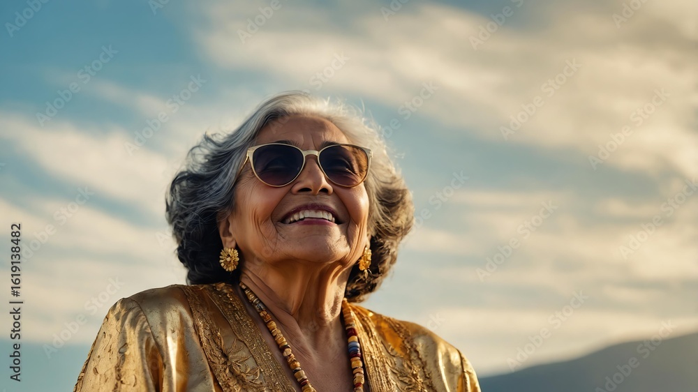 Old Hispanic woman wearing gold fancy summer outfit looking up on clear sky background, smiling while looking at the sky panoramic view