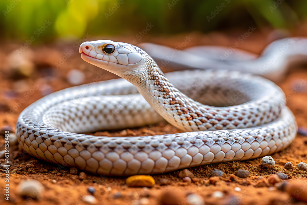 Obraz premium Side view white snake with spots on brown ground in wild nature