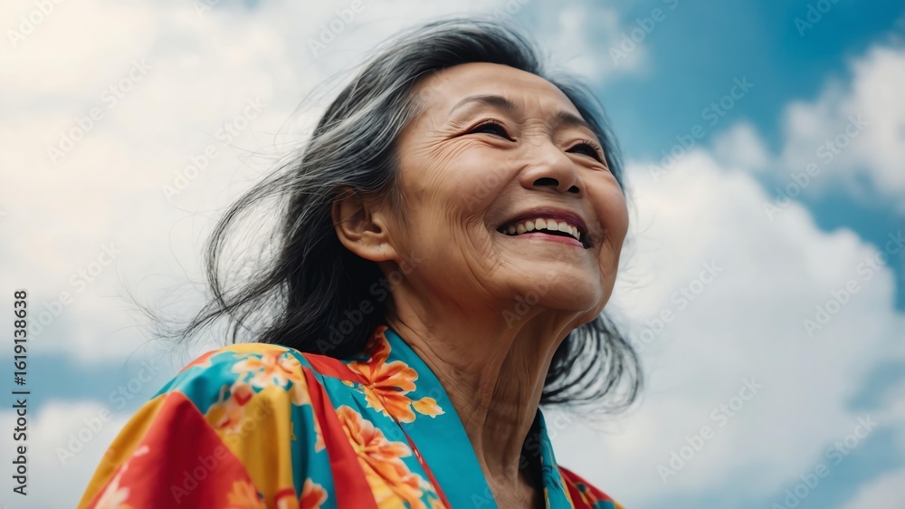 Old Asian woman wearing colorful fancy summer outfit looking up on clear sky background, smiling while looking at the sky panoramic view