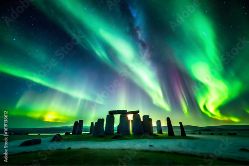 Silhouette of artic henge located in iceland under bright green northern lights illuminating at night time