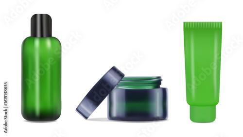 Realistic jar and tube for cream shampoo. Color green. For advertising presentation and website. Layout poster packaging concept beauty blog online store. Vector illustration.