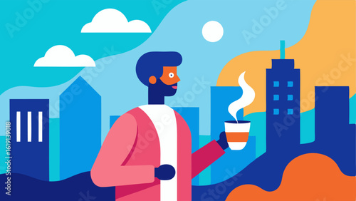 Coffee Break A character holding a steaming cup of coffee nonchalantly passes through a colorful mural wall depicting a city skyline. As they step through the murals vibrant colors