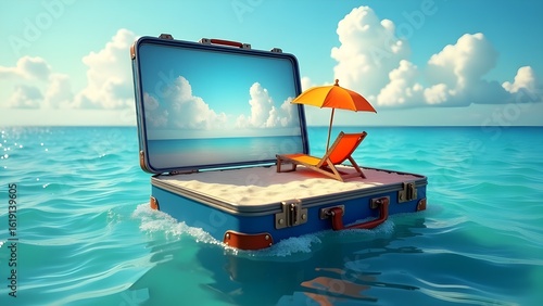 Fantasy to Travel: Surreal Image Montage of Suitcase in the Sea with Beach, Luggage, and Dreams of Vacation and Holiday Plans
