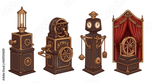 Steampunk styled machines intricately designed and arranged on white background