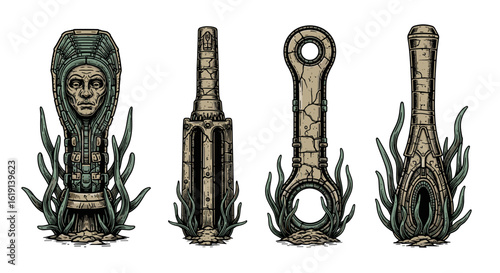 Ancient stone statues adorned with aquatic plant life imagery