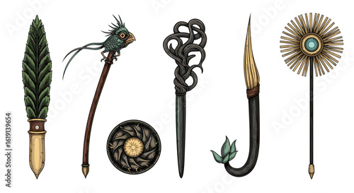 Fantastic Staffs: Detailed Collection of Magical Objects with Artistic Style